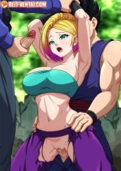 2boys after_oral big_breasts blonde_hair dragon_ball dyed_hair faceless_male female forced forced_sex future_trunks green_eyes oc original_character rape reit restrained restrained_arms roxy_(reit) saliva saliva_trail sex son_gohan tagme torn_clothes torn_clothing vaginal_insertion vaginal_penetration vaginal_sex watermark