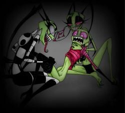 1boy 2008 2girls 3_fingers 3_toes alien alien_girl antennae black_shorts black_sports_bra drool drooling green_skin hyenakay imminent_rape imminent_sex invader_zim irken long_tongue oc old_art original_characters pants_down partially_clothed pulling_down_pants rape restrained scared sharp_teeth tears uniform zim zim_(invader_zim)