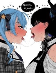 after_kiss black_hair blue_hair blush blush carrot_011 drool drool_string french_kiss hoshimachi_suisei kissing lesbian_kiss looking_at_partner looking_pleasured nerissa_ravencroft pleasure_face steam steamy sweat text text_box text_bubble yuri yuri