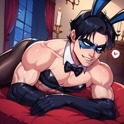 ai_generated bara bodysuit bunny_ears bunnysuit dc dc_comics dick_grayson gay male male_only muscle muscles muscular muscular_male nightwing nsfw on_bed pov sexy_pose smiling_at_viewer