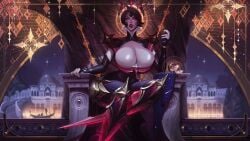 alternate_breast_size arcana_camille arcana_series bimbo brown_hair camille_ferros edit edited_official_artwork huge_breasts league_of_legends red_eyes sutton184_edits thick_lips thick_thighs third-party_edit wide_hips