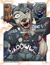 abs absurd_res anthro beastars bodily_fluids canid canine canis cervine clothed clothing deer dialogue digital_media_(artwork) duo english_text fur genital_fluids genitals grey_body grey_fur hair hi_res humanoid_genitalia humanoid_penis legoshi_(beastars) louis_(beastars) male male/male male_only mammal muscular muscular_anthro muscular_male nipples open_mouth pecs penis red_deer scent sharp_teeth shirt_rip shocked simple_background sniffing tail teeth text thendyart tongue transformation wolf