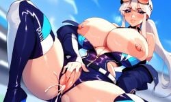 1girls after_sex ai_generated aluvid azur_lane bare_hips bare_shoulder bare_shoulders big_breasts blue_eye blue_eyes blue_eyes_female breasts cum_in_pussy enterprise_(azur_lane) enterprise_(wind_catcher)_(azur_lane) exposed_breasts eyeshadow female female_only glasses glasses_on_hat hand_on_pussy hat huge_breast large_breasts long_hair long_hair_female massive_breasts nipple_piercing no_bra pussy sweat thick_thighs thighs wet_body white_hair white_hair_female