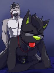 anal anal_sex arrwulf ball_gag black_fur canine collar diphallia diphallism drooling eyewear fur gag glasses green_fur grey_fur leash male male_only mammal multi_penis muscular muscular_male penetration penis precum saliva smile teeth white_fur yaoi