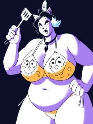 anthro bikini breasts catty catty_(undertale) cleavage clothed clothing cosplay dracozhilla ear_piercing ear_ring felid feline female frycook hi_res humanoid mammal necktie nickelodeon piercing ring_piercing slightly_chubby solo spatula spongebob_squarepants swimwear tools two-piece_swimsuit undertale_(series)