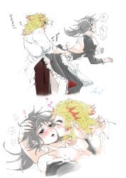 2boys arched_back cosplay crossdressing demon_slayer dirty_talk dominant_male femboy feminine_male feminization gay gay_anal gay_sex implied_penetration japanese_text kimetsu_no_yaiba kissing maid maid_outfit male male_only moaning moaning_in_pleasure rengoku_kyoujurou submissive_male tomioka_giyuu yaoi