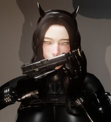 3d 3d_(artwork) black_bodysuit black_hair black_headwear black_horns blender blender_(software) blender_eevee bodysuit bullet cat_eyes choker cross_earrings cross_necklace earrings eyeliner eyes_rolling_back gun hair_bun harness headband high_heels holding_gun holding_object horns huge_breasts lip_piercing lip_ring long_boots long_gloves mole mole_above_mouth mole_under_eye necklace nose_piercing nose_ring original_character osimai pistol silver_choker skin_tight vampire_teeth wavy_hair weapon yellow_eyes