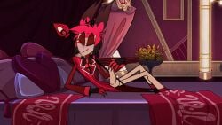 alastor_(hazbin_hotel) cock deer_ears deer_tail demon gay hazbin_hotel red_background red_hair screencap screenshot screenshot_edit sensua_arts solo solo_male vivziepop wink