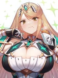 absurdres bare_shoulders big_breasts blonde_hair blush breasts chest_jewel cleavage cleavage_cutout closed_mouth clothing_cutout earrings female food food_in_mouth gem gloves green322 headpiece highres holding holding_food jewelry large_breasts long_hair mythra revision smile solo swept_bangs tiara upper_body very_long_hair white_gloves xenoblade_chronicles_(series) xenoblade_chronicles_2 yellow_eyes