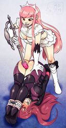 2girls ass ball_gag bondage bound breasts brown_eyes cuffs dildo fate/grand_order fate_(series) femdom forced gag gagged highres long_hair medb_(fate) multiple_girls my_pet_tentacle_monster pink_hair pussy rape red_eyes red_hair scathach_(fate) smile uncensored white_gloves yuri