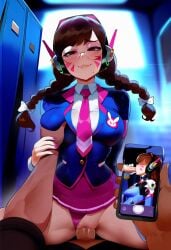 1boy 1girls academy_d.va ai_generated alternate_costume breast_grab cellphone clothed_sex cowgirl_position d.va grabbing_another's_breast juxtaposition overwatch panties_aside photo_comparison pov school_uniform sex tittyg-ai upskirt vaginal_penetration