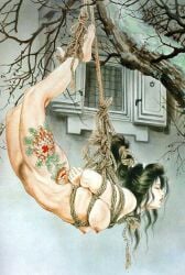 1girls ass bondage clothing colorful_skin distressed hands_tied japanese_artist kaname_ozuma large_breasts long_hair outdoors painting_(artwork) pubic_hair rope rope_bondage tattoos