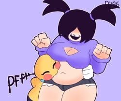 2girls ally_(daisykitty96) belly belly_button belly_grab belly_raspberries big_breasts blowing_on_belly chubby_belly chubby_female cleavage daisykitty96 female goki_(daisykitty96) tickling