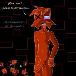 1boy abstract_background alone black_background blue_eyes blue_tongue congregation_(geometry_dash) erection fan_character geometric_background geometry_dash humanized naked non-human nude_male orange_body penis robtop robtopgames skinny square_eyes square_head talking talking_to_viewer toony x_eyes