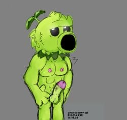 1boy 2024 anthro bara black_eyes gay green_skin grey_background leaf male male_nipples male_only penis pink_nipples plant plants_vs._zombies plants_vs_zombies_2:_it's_about_time primal_peashooter_(pvz) scrotum six_pack