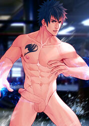 1boy black_hair erection fairy_tail gray_fullbuster looking_at_viewer male male_only maorenc muscle nipples nude penis tattoo testicles