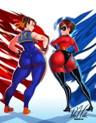 2girls ass black_footwear blue_unitard blue_vest bodysuit boots brown_eyes brown_hair capcom chun-li danhilo domino_mask double_bun elastigirl elastigirl_(fortnite) from_behind hair_bun hair_ribbon hands_on_own_hips helen_parr helen_parr_(fortnite) high_heel_boots high_heels highres huge_ass looking_at_another mask multiple_girls ribbon short_hair skin_tight sleeveless sleeveless_bodysuit standing street_fighter street_fighter_zero_(series) superhero_costume the_incredibles thigh_boots toned unitard vest