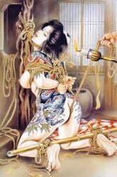 1girls ass bondage clothing colorful_skin distressed hands_tied japanese_artist kaname_ozuma large_breasts long_hair outdoors painting_(artwork) pubic_hair rope rope_bondage tattoos