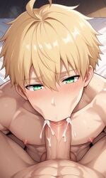 2boys ai_generated arthur_pendragon arthur_pendragon_(fate) arthurian_legends balls blonde_hair blonde_hair_male blowjob blowjob_face blush cum cum_in_mouth european_mythology fate/grand_order fate/prototype fate_(series) gay green_eyes looking_up male_only muscular_male mythology nipples on_bed oral oral_sex penis public_domain royalty yaoi