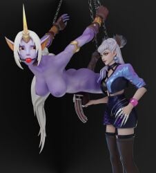 1futa 1girls 3d ass ball_gag big_breasts big_penis big_penis_in_chastity chained_to_ceiling chains chastity_cage clothed_female evelynn female fondling_balls hooves horn horsecock k/da_all_out_evelynn kinkyleague3d league_of_legends long_ears looking_back nude_futanari orange_eyes purple_skin soraka submissive_futa white_hair