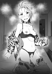 bare_shoulders barefoot bed blush bra breasts censored crotchless_panties female idolmaster idolmaster_cinderella_girls jacket kimura_natsuki kneeling looking_at_viewer monochrome navel nipple_chain nipples open_mouth panties pussy_juice short_hair solo sweat tkhs unbuckled_belt unbuttoned underwear