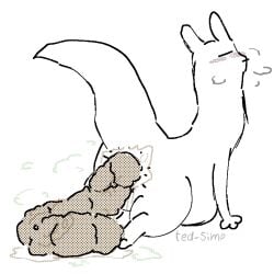 1:1 2_toes 3_fingers ambiguous_gender artist_name bloated blush breath bristol_type_3 brown_feces digital_drawing_(artwork) digital_media_(artwork) english_text feces feces_pile feet feral fingers handwritten_text pooping_on_floor rain_world raised_tail scat simple_background simple_coloring slugcat smelly solo survivor_(rain_world) tagme tail ted-simp text toes videocult what