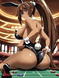 ass ass_focus blue_eyes brown_hair bunny_ears bunnysuit casino female female_only looking_at_viewer noloty_malch ponytail tan-skinned_female tan_body tatakau_shisho the_book_of_bantorra