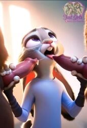 3d ai_generated cum cum_in_mouth dog_penis double_blowjob judy_hopps licking licking_penis precum precum_drip saliva small small_breasts zootopia