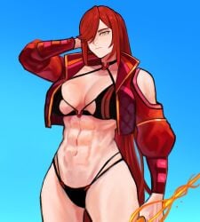 abs belinda_(explosifchoker) bikini explosifchoker fire grey_eyes jacket muscular muscular_female red_hair sethkiell string_bikini sword thighs