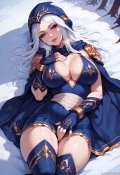 1female 1girls ai_generated ashe_(league_of_legends) balecxi big_breasts blue_eyes breasts female from_above hand_on_breast hand_on_own_crotch head_tilt hood large_breasts league_of_legends looking_at_viewer lying lying_on_back outdoors outside riot_games seductive seductive_look seductive_smile skirt smile snow solo solo_female solo_focus watermark white_hair winter