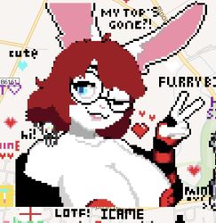 black_jacket blue_eyes breasts exposed_breasts female fingerless_gloves glasses jaiy_(jaybunimates) jaybunimates large_breasts peace_sign pixel_art rabbit red_hair red_nipples white_body winking wplace