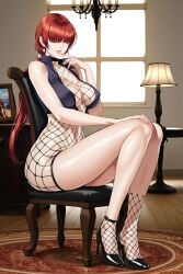 1girls ai_generated atm-dragon big_breasts breasts busty chair clothed earrings female fishnets heels high_heels indoors king_of_fighters light-skinned_female light_skin long_hair looking_at_viewer nipple_bulge no_panties ponytail red_hair shermie_(kof) sitting sitting_on_chair thick_thighs thighs tied_hair voluptuous voluptuous_female