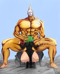 ass black_heels black_sperm blowjob defeated defeated_heroine dress golden_sperm greekans green_hair heroine monster muscles muscular muscular_male one-punch_man squatting tatsumaki