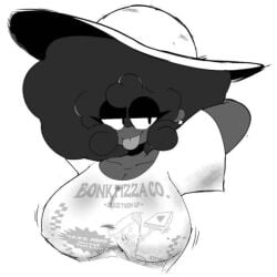 breasts dark_skin fazzinart femboy hands_behind_head hat huge_breasts jayden_(fazzinart) male_breasts sunhat sweaty sweaty_breasts t-shirt