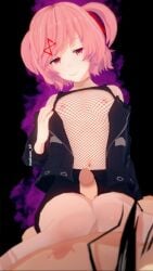 1boy 1girls 3d artist_request doki_doki_literature_club female human koikatsu looking_at_viewer male mesh_shirt natsuki_(doki_doki_literature_club) penis pov pov_eye_contact see-through see-through_clothing thigh_job transparent_clothing