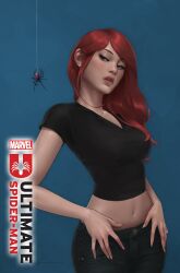 1girls black_shirt blue_eyes blue_jeans female green_eyes jeans jee-hyung_lee large_breasts long_hair married married_woman marvel marvel_comics mary_jane_watson milf naughty_face navel official_art pale-skinned_female petite red_hair redhead ring seductive_eyes seductive_look shirt skinny slim spider spider-man_(series) ultimate_spider-man ultimate_spider-man_(2024) wedding_ring wide_hips