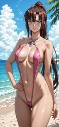 1girl ai_generated beach brown_hair green_eyes hands_on_hips kirasaka_sayaka pale-skinned_female slingshot_swimsuit strike_the_blood