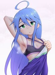 1girls ahoge arm_up armpit_fetish armpit_stubble armpits bare_shoulders beauty_mark blue_hair bored bra breasts cleavage clothed clothing female female_only flat_chest ghettoyouth green_eyes half-closed_eyes konata_izumi long_hair looking_at_viewer lucky_star mole mole_under_eye small_breasts solo sports_bra steam sweat sweat_stain sweaty_armpits tank_top training_bra true_flat_chest undressing