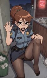 ai_generated ass bigmic145 breasts brown_hair clothed clothed_female clothing earrings feet female female_only foot_fetish glasses high_heels julie_powers looking_at_viewer netflix pantyhose police police_uniform policewoman ponytail scott_pilgrim scott_pilgrim_takes_off skirt solo_female