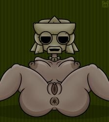 anus ass aztec big_ass big_breasts big_nipples big_pussy breasts breasts_out brown_body brown_nipples collar green_background oc puffy_anus puffy_nipples pussy theyisus55 thighs