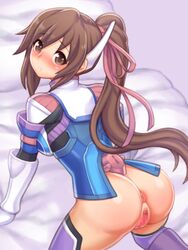 all_fours anus ass bed_sheet blush bottomless brown_eyes brown_hair censored clothing female folks_(nabokof) gloves hair_ribbon highres long_hair looking_at_viewer mosaic_censoring pink_ribbon ponytail purple_background purple_legwear pussy ribbon saionji_reimi shiny shiny_skin shirt solo star_ocean star_ocean_the_last_hope stockings thighhighs white_gloves