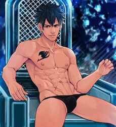 1boy black_hair bulge chair fairy_tail gray_fullbuster male male_only maorenc smile tattoo underwear