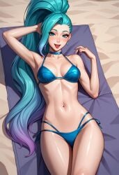 ai_generated beach bikini blue_eyes blue_hair blue_hair_female female female girl gloriousevolution34 k/da_all_out_seraphine k/da_all_out_series k/da_series league_of_legends league_of_legends:_wild_rift light-skinned_female light_skin riot_games seraphine_(league_of_legends) video_games