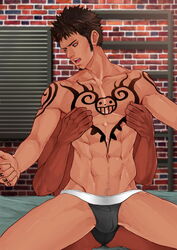 2boys black_hair black_underwear bulge gay male male_only maorenc multiple_boys muscle nipple_tweak one_piece tattoo trafalgar_law underwear yaoi