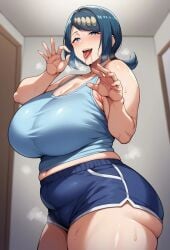 ai_generated aijuicer bare_legs bbw blue_eyes blue_hair chubby_female dolphin_shorts fellatio_gesture game_freak gigantic_breasts huge_breasts huge_thighs lana's_mother_(pokemon) light-skinned_female light_skin looking_at_viewer massive_breasts mature_female medium_hair milf nintendo pokemon pokemon_sm ponytail solo_female squatting sweat sweatdrop tank_top thick_body thick_female thick_thighs thighs tongue_out voluptuous voluptuous_female