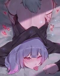 1boy 1girls ahe_gao clothed clothed_sex doggy_style euvo fishnets from_behind from_behind_position half-dressed heart hearts_around_body hoodie on_bed out_of_frame purple_eyes purple_hair tail tongue tongue_out trembling