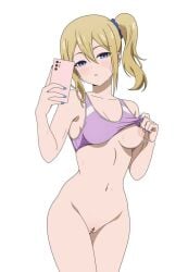 blonde_hair blue_eyes blush bottomless cellphone censored_pussy coro_fae female_focus gym_shirt hayasaka_ai kaguya-sama_wa_kokurasetai_~tensai-tachi_no_renai_zunousen~ large_breasts long_hair looking_at_viewer one_breast_out painted_nails perky_nipples selfie shirt_lift side_ponytail simple_background white_background