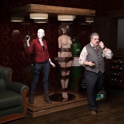 3d brian_irons claire_redfield display display_case drugged male nude nude_female old_man_jaay older_male resident_evil resident_evil_2 resident_evil_2_remake trophy unconscious