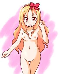 10s blonde_hair blush bow breasts brown_eyes drill_hair embarrassed eromanga_sensei female female hair_ornament hairbow hand_up long_hair looking_at_viewer navel nipples nude open_mouth pussy sidelocks solo standing sujiko_(tesselet) sweatdrop twin_drills uncensored yamada_elf