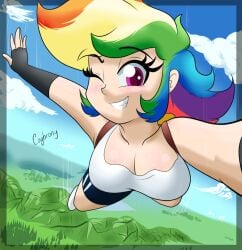 1girls 1my_little_pony_equestria_girls 2d 2d_(artwork) 2d_artwork clouds cogbrony day daytime digital_drawing_(artwork) digital_media_(artwork) eyelashes falling female female_focus female_only fingerless_gloves forest forest_background hasbro human looking_at_viewer mountain multicolored_hair my_little_pony parachute pink_eyes rainbow_dash_(eg) rainbow_hair selfie shorts sky skydiving smile smiling smiling_at_viewer tank_top white_tank_top winking winking_at_viewer
